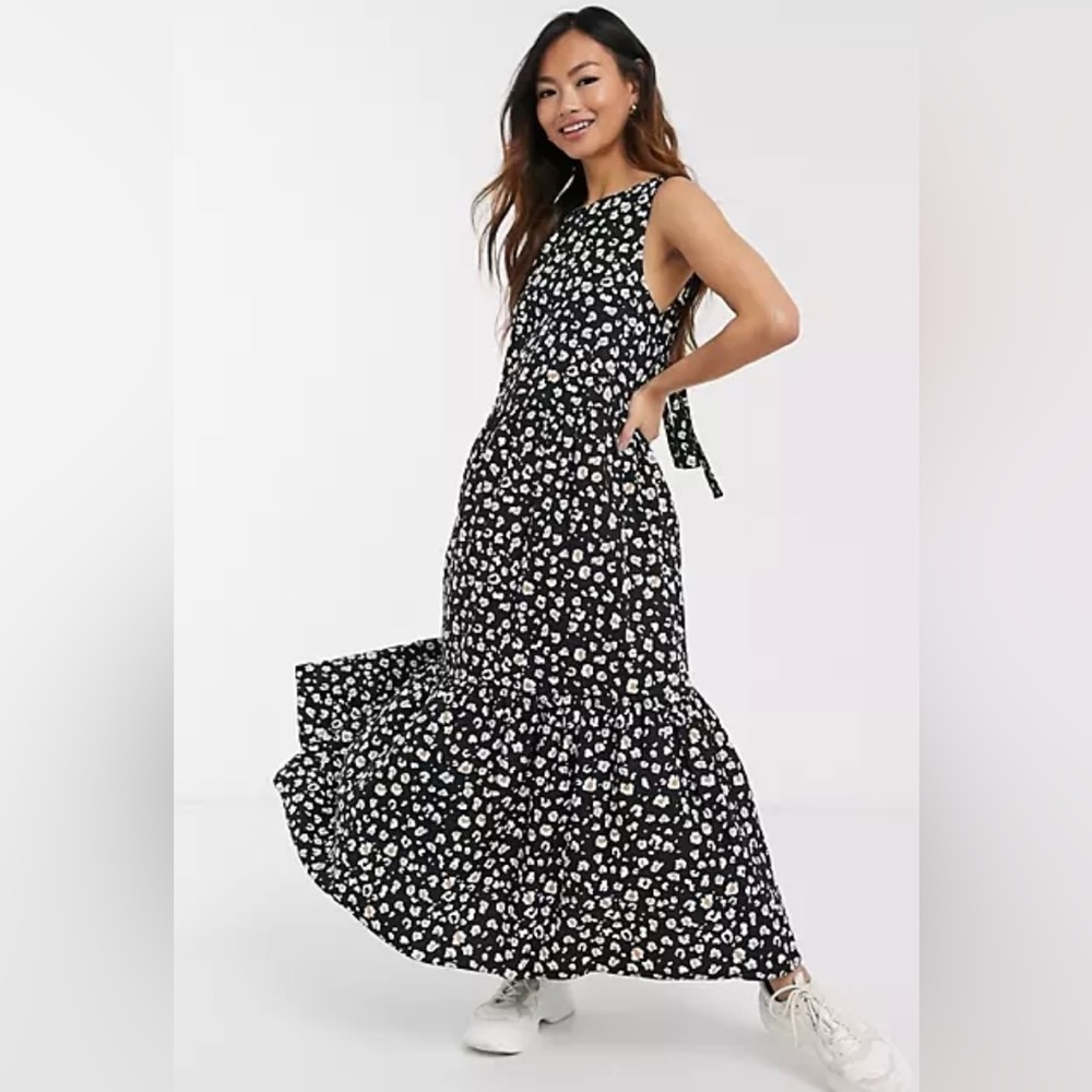 ASOS Design Sleeveless Cotton Tiered Maxi Dress Open Tie Back Mono Leopard Print